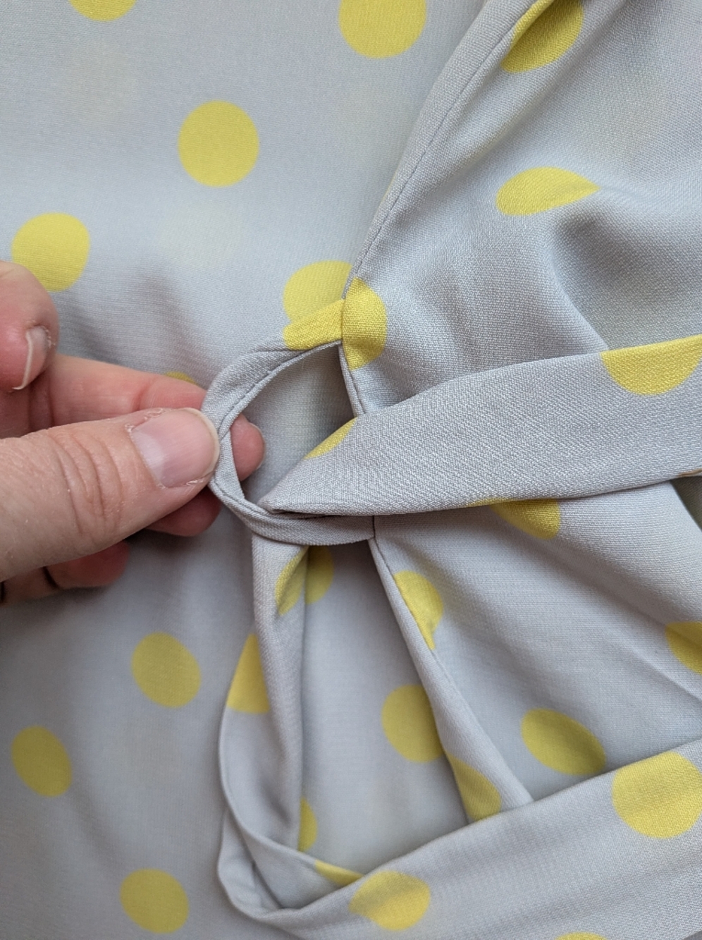 Poema Polka Dot Tunic Gray Yellow Scoop Neck Tie Waist Oversized - Picture 7 of 11